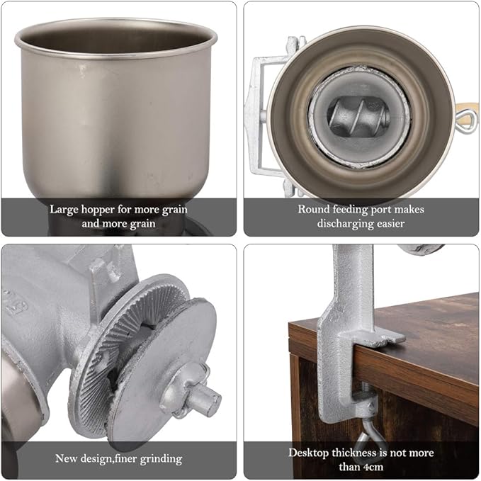 Hand-Crank Grain Mill, High Hopper Cast Iron Manual Grain Mill with Desktop Clip System, Heavy-Duty Grain Grinder, Coffee Grinder - Dry & Wet Grinding for Wheat, Grain