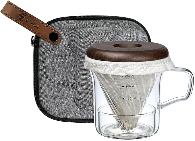 ATHIA Glass Pour Over Coffee Maker Set, Glass Cone Dripper, Reusable Cloth Filter, Minimal Single Cup on the Go,Walnut wood_dark color
