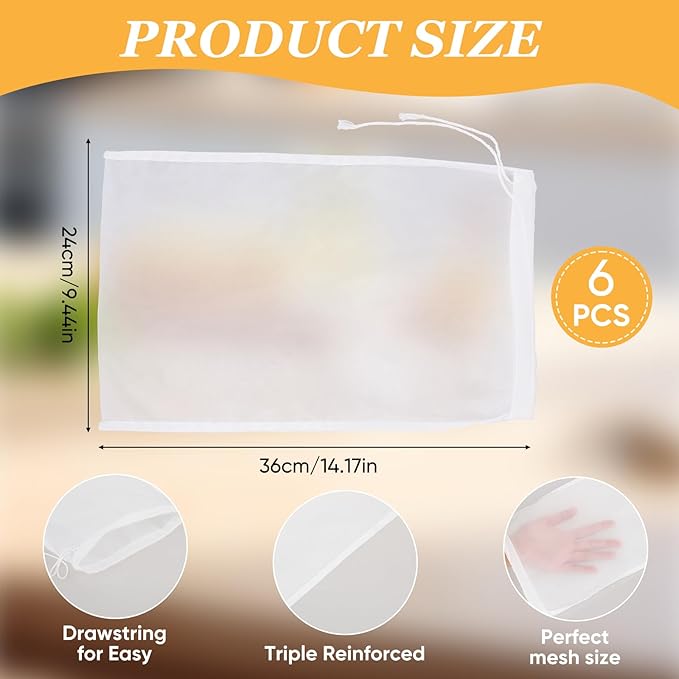 6 Pack Nut Milk Bag Reusable Nylon Cheese Cloth Bag for Straining Washable Fine Mesh Nut Bags Strainer 12×8 In for Straining Fruit Juice Coffee Tea Yogurt Cheese Tofu Cold Brew Filter Bags