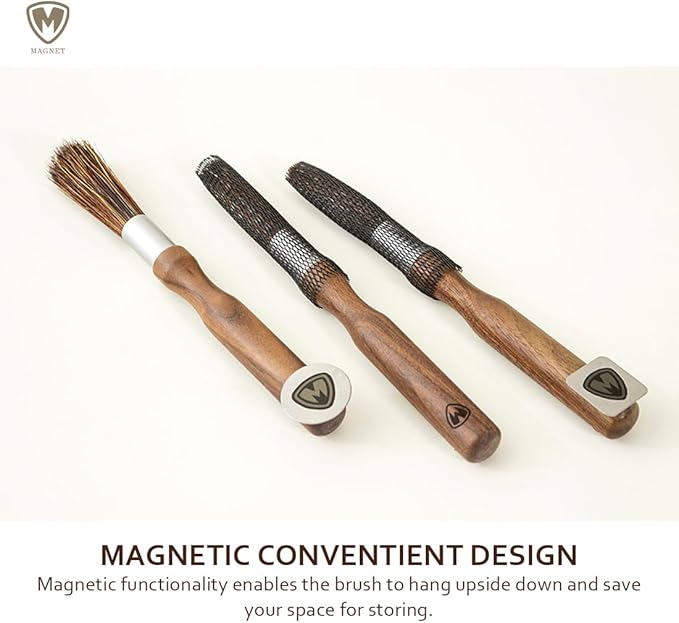 MAGNET Professional Coffee Grinder Cleaning Brush Coffee Brush Handling Accessory Tool Walnut Brush Handle Natural Bristle with magnetic snap for Camping Home Kitchen Barista