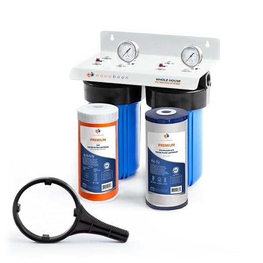 Aquaboon 2-Stage Whole House Water Filter System with 5 Micron 10x4.5 Sediment/Anti-Scale and KDF Heavy Metals Water Filter Purification Cartrige, Pressure Gauges, Wrench, Bracket