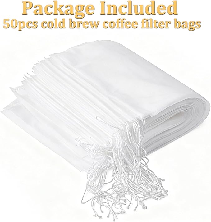 50 PCS Cold Brew Bags 6x10 Inch, No Mess Cold Brew Coffee Filter Bags Fine Mesh Brewing Drawstring Pouches Large Empty Tea Bag for Loose Leaf Tea, Iced Coffee, Pice, Home Brewing