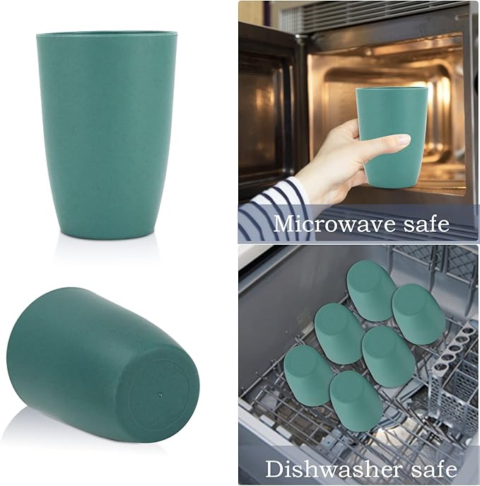 Wheat Straw Cups 6 PCS Good Alternative to Plastic Reusable Cups 12 oz Unbreakable Drinking Cup Reusable Dishwasher Safe Water Plastic Glasses Green