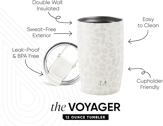 Simple Modern Travel Coffee Mug Tumbler with Flip Lid | Reusable Insulated Stainless Steel Cold Brew Iced Coffee Cup Thermos | Gifts for Women Men Him Her | Voyager Collection | 12oz | Cream Leopard