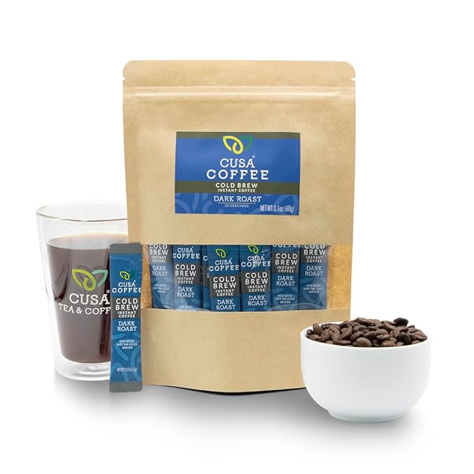 Cusa Tea & Coffee | Premium Instant Dark Roast | Rainforest Alliance Certified Arabica Beans | Hot or Cold Brew Drink Mix Packets (30 Single Servings)