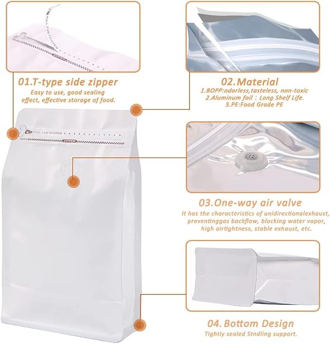 Coffee Bags with Valve(12 oz,3/4 lb,100pcs) White High Barrier Aluminumed Foil Flat Bottom Heat Sealed Coffee Beans Packaging Bags Side Zipper Resealable Bags for Home or Business