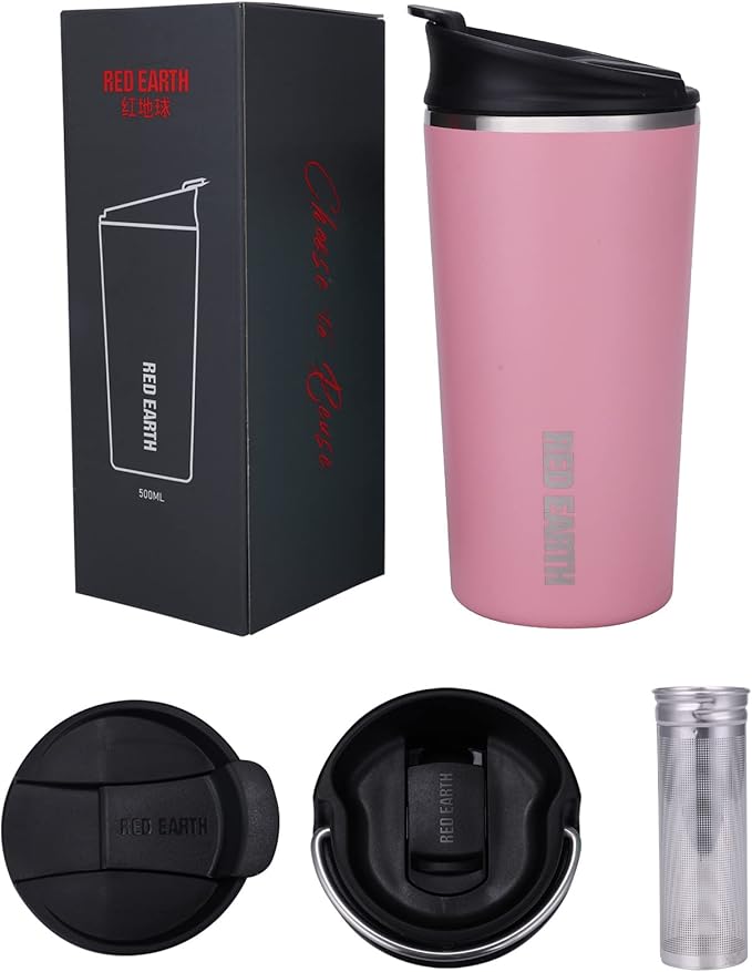GiNT 17oz Travel Tea Mug with Infuser and Two Lid. Vacuum Insulated 316 Stainless Steel Travel Coffee Mug. Dishwasher Safe Tea Cup with Tea Strainer for Hot and Cold Brew Coffee or Tea(Pink)
