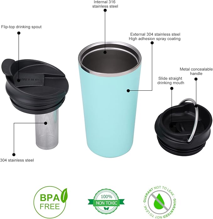 GiNT 17oz Travel Tea Mug with Infuser and Two Lid. Vacuum Insulated 316 Stainless Steel Travel Coffee Mug. Dishwasher Safe Tea Cup with Tea Strainer for Hot and Cold Brew Coffee or Tea(Green)