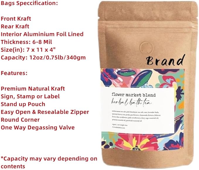 12 Ounce 100 Pieces Coffee Bags with Ziplock - High Barrier Natural Kraft Paper Stand up Coffee Pouches with Air Release/One Way Degassing Valve & Reusable Zipper (100, 12oz/0.75lb/340gm)