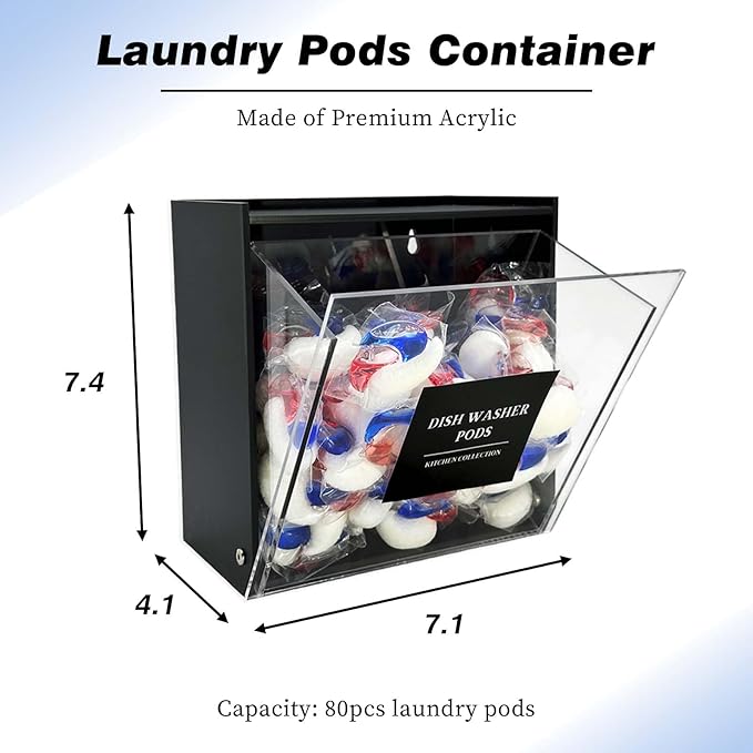 Laundry Pods Container, Acrylic Wall Mounted Organizer with Extra Labels, Candy Dispenser Coffee Pod Holder Dishwasher Pods Case for Home,Kitchen, Office, Black