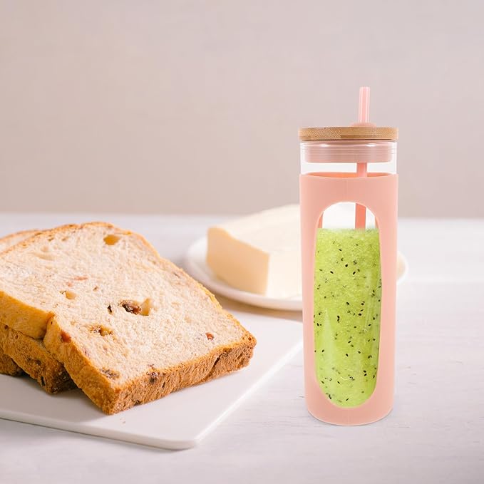 Glass Water Cup with Lid and Straw, Reusable Glass Tumbler with Silicone Sleeve, 16oz Coffee and Juice Drinking Cup for Cold Brew and Beverage on The Go