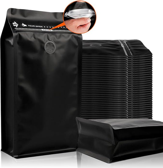 NEW Upgraded Coffee Bags with Valve (50 PCS, 8 oz/0.5 lb) Black High Barrier Aluminum Foil Flat Bottom Standing Coffee Bean Storage Bags, Reusable Heat Seal Side Zipper Pouches for Home and Store