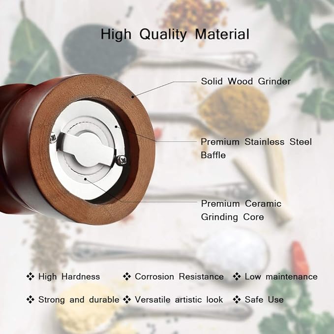 Wooden Pepper Grinder or Salt Mill, TINMIX Black Peppercorn Grinder with Adjustable Roughness Ceramic Rotor and Easily Refillable, Oak Wood Capstan Sea Salt Mill for Your Kitchen (5 inch)