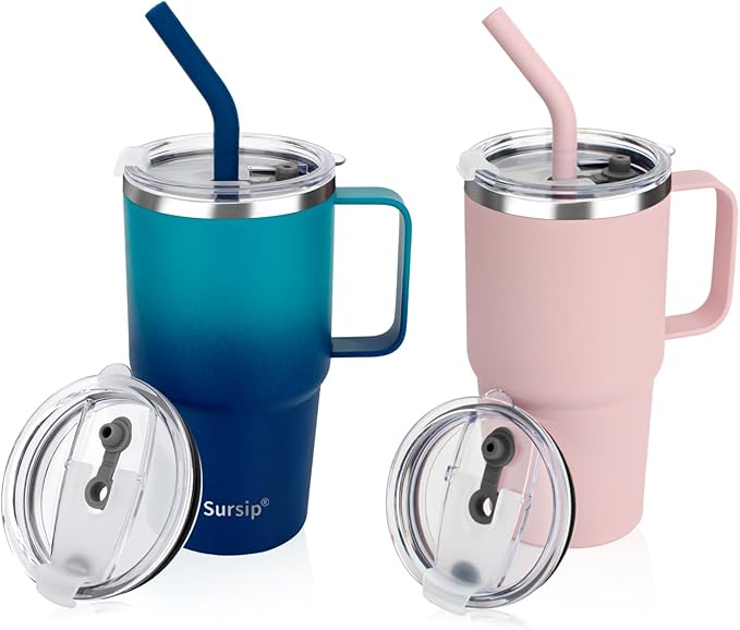 Sursip Kids 24 oz Insulated Cup with Handle, Double Wall Vacuum Stainless Steel Tumbler with Straw and 2 Lids, For Cold/Hot Drinks, Coffee Travel Mug for Car/Home/Office/Party/Camping (2 Pack)