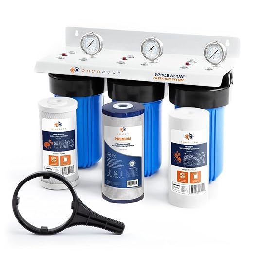 Aquaboon 3-Stage Whole House Water Filter System with 5 Micron 10x4.5 Reducing Sediment, Anti-Scale Water Purification and Carbon Chlorine Reduction Filter (CTO), Pressure Gauges, Wrench, Bracket