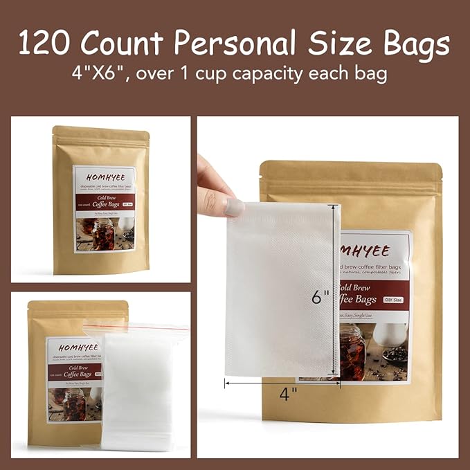 No Mess Cold Brew Coffee Filters - 120 Count Disposable Fine Mesh Brewing Bags for Concentrate/Iced Coffee Maker, French/Cold Press Kit, Hot Tea in Mason Jar or Pitcher, 4 x 6 Inches