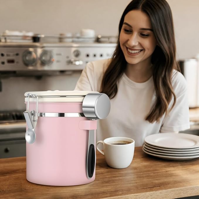ShanSon Coffee Canister Airtight Coffee Container Stainless Steel Coffee Bean Storage Container with Scoop Coffee Canister for Beans Grounds Sugar Flour Tea Cereal,22OZ, Pink