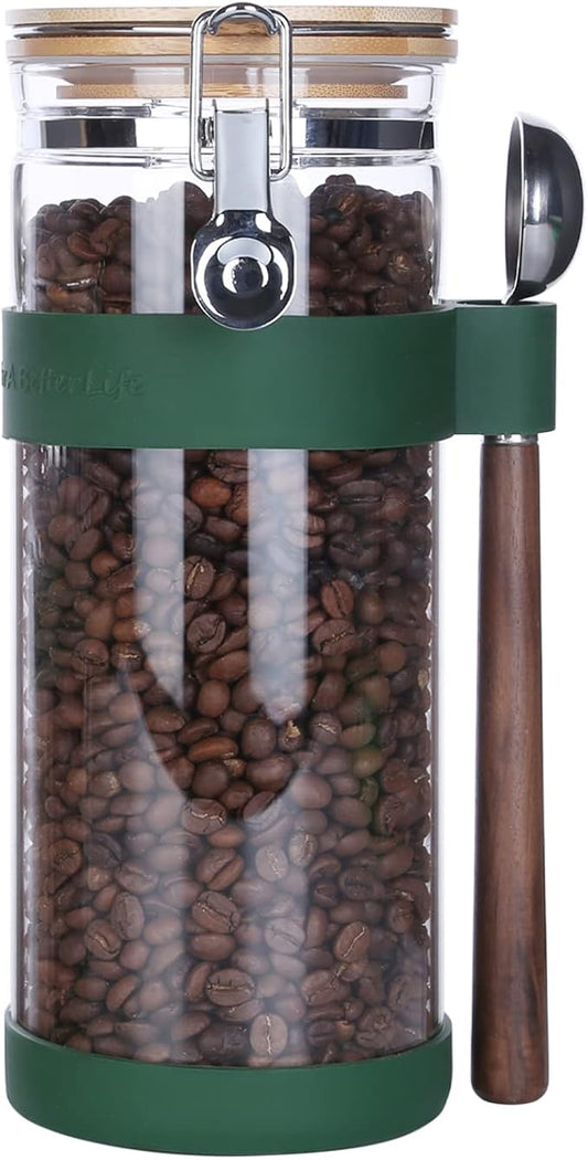 KKC Vacuum Sealed Coffee Bean Storage Container with Scoop,Airtight Glass Container Jar with Hinged Lid and Spoon for Ground Coffee,Loose Leaf Tea,Brown Sugar,Nut,Oatmeal,54 Fl oz