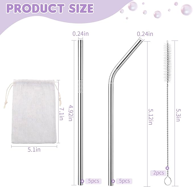 10 Pack Short Metal Straws, Reusable Straight Straws, 5 Straight 5 Bent, 304 Stainless Steel Straw, 5 Inch Cocktails Drinking Straws with 2 Cleaning Brushes for Coffee Mugs, Small Glasses or Cups