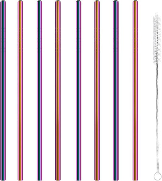 Stainless Steel Straws Metal Reusable Drinking Straw for Juice Iced Coffee Cold Beverage Water Highball Glasses 20oz Tumblers Mugs Cups, 0.24" 6mm Wide 215mm Long, Set of 8 with Brush, Colorful