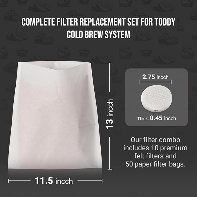 Complete Filter Replacement Set for Toddy Cold Brew System - Includes 10 Reusable Felt Filters and 50 Paper Filter Bags
