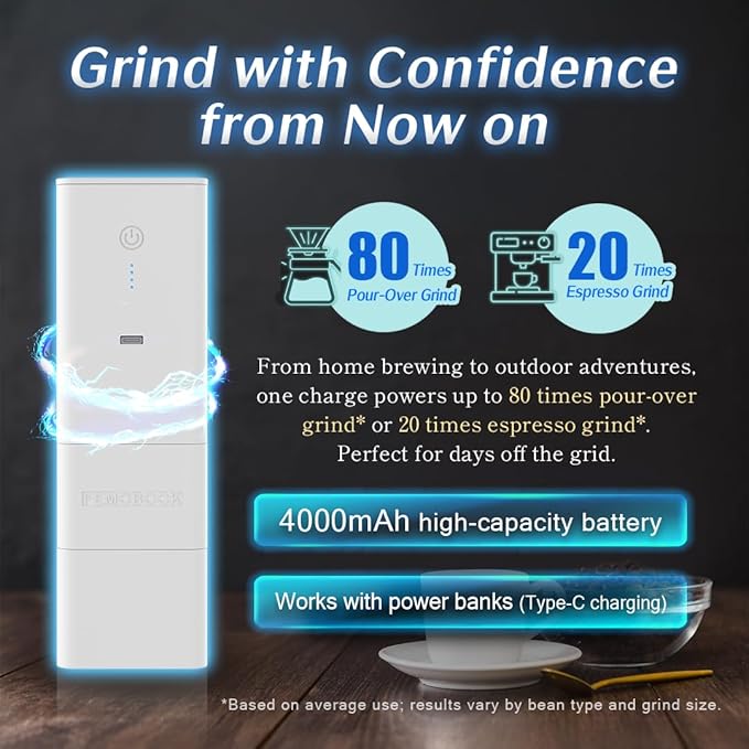 Femobook-A2 Portable Electric Coffee Grinder, Cordless Burr Grinder USB Rechargeable Coffee Grinder Magnetic Grounds Cup for Espresso Pour Over Travel & Home Brewing, White