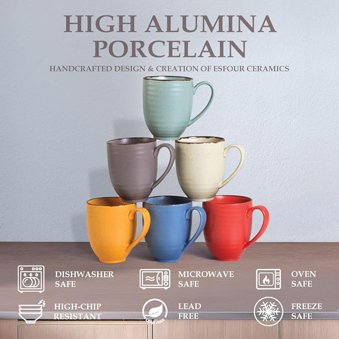 Coffee Mugs Set Of 6, 14 Oz Large Handle Heavy Duty Cups - Microwave Dishwasher Safe - Latte, Cappuccino, Tea, Cocoa, Mocha - Men, Women, Home Office Daily Use, Matt Assorted Colors