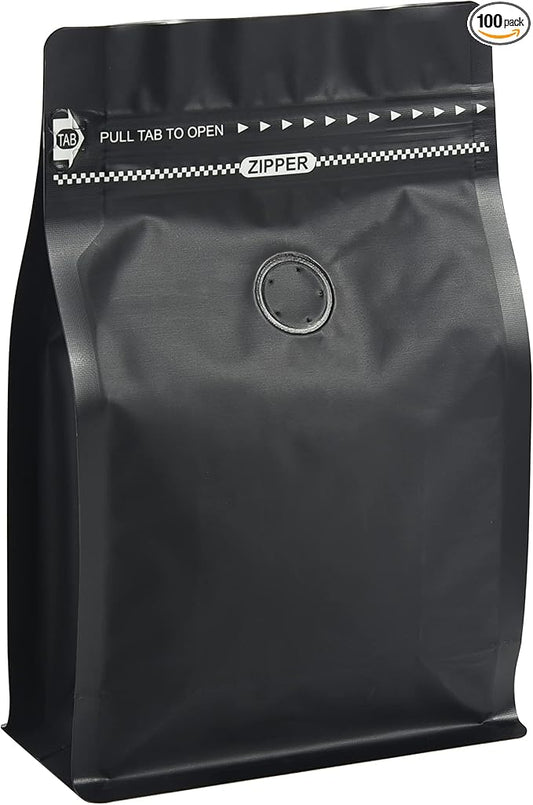 100 Count ½ LB Black Color Foil Coffee Bags with Degassing Valve, High Barrier Aluminum Foil - Flat Bottom Coffee Pouches, Food Storage Bags with Rsealable Zipper & Easy Open Tape (Pack of 100,
