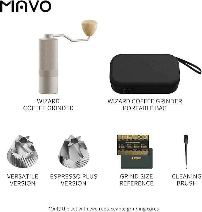 MAVO Manual Coffee Grinder, Wizard Hand Coffee Grinder, Capacity 25g with 2PCS CNC Stainless Steel Conical Burr -Pentagon and Hexagonal, Burr Coffee Bean Grinder for French Press, Pour Over, Silver