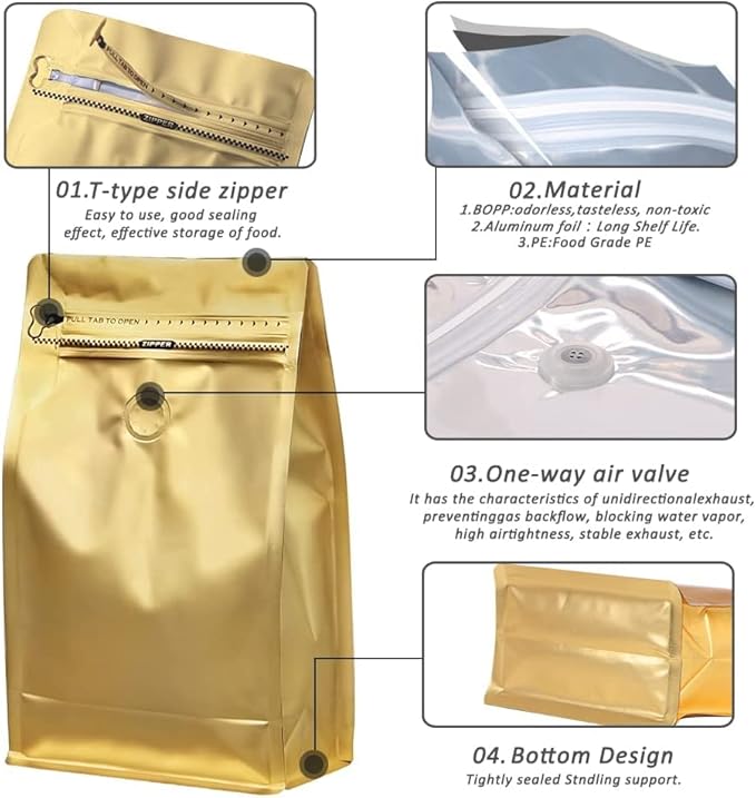 Coffee Bags with Valve(12 oz,3/4 lb,100pcs) Gold High Barrier Aluminumed Foil Flat Bottom Heat Sealed Coffee Beans Packaging Bags Side Zipper Resealable Bags for Home or Business
