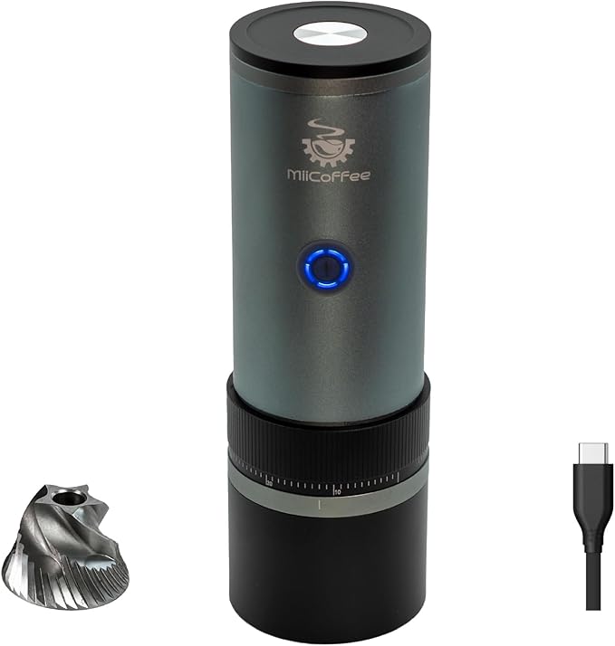 MiiCoffee PT2 Portable Electric Burr Coffee Grinder, USB-C Rechargeable Stainless Conical Burr Grinder, Aluminum Body with Cleaning Brush Included
