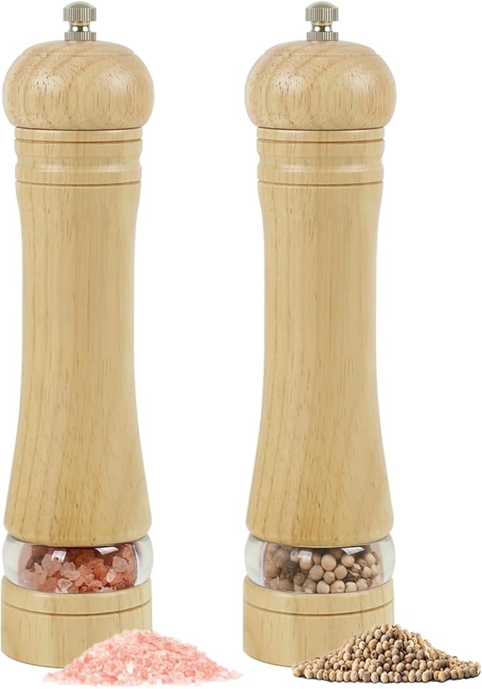 Wooden Salt and Pepper Grinder Set, 8.5 Inches Salt Grinder with Adjustable Coarseness Pepper Mill, Refillable Manual Salt Grinder, Oak Wood Salt and Pepper Grinder Mill for Kitchen - 2 Pack