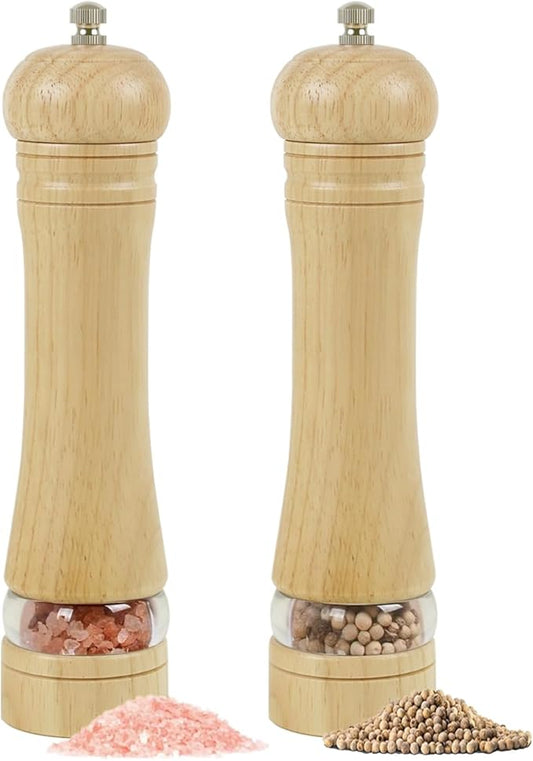 Wooden Salt and Pepper Grinder Set, 8.5 Inches Salt Grinder with Adjustable Coarseness Pepper Mill, Refillable Manual Salt Grinder, Oak Wood Salt and Pepper Grinder Mill for Kitchen - 2 Pack