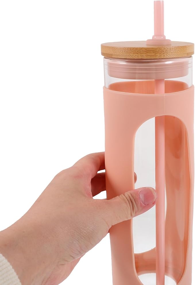 Glass Water Cup with Lid and Straw, Reusable Glass Tumbler with Silicone Sleeve, 16oz Coffee and Juice Drinking Cup for Cold Brew and Beverage on The Go