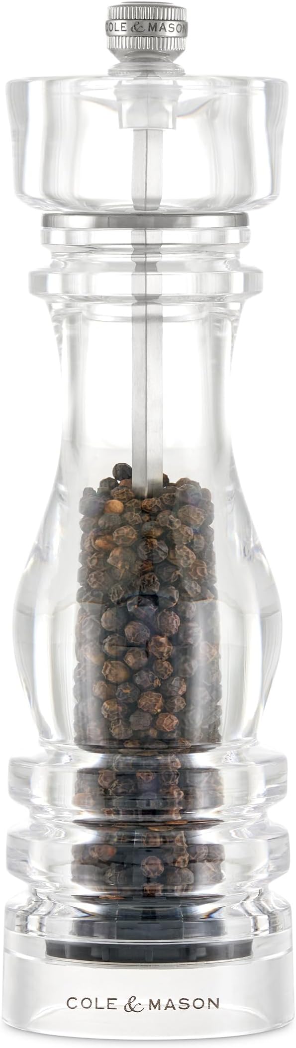 Cole & Mason London Refillable Spice Mill - Kitchen & Home Accessory - Table Black Pepper Grinder - Pepper Mill with Carbon Steel Mechanism - 8", Acrylic