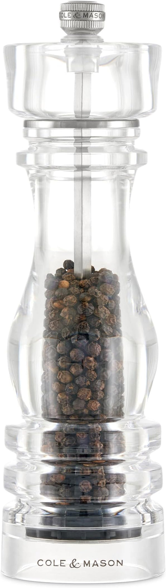Cole & Mason London Refillable Spice Mill - Kitchen & Home Accessory - Table Black Pepper Grinder - Pepper Mill with Carbon Steel Mechanism - 8", Acrylic