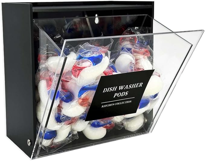 Laundry Pods Container, Acrylic Wall Mounted Organizer with Extra Labels, Candy Dispenser Coffee Pod Holder Dishwasher Pods Case for Home,Kitchen, Office, Black