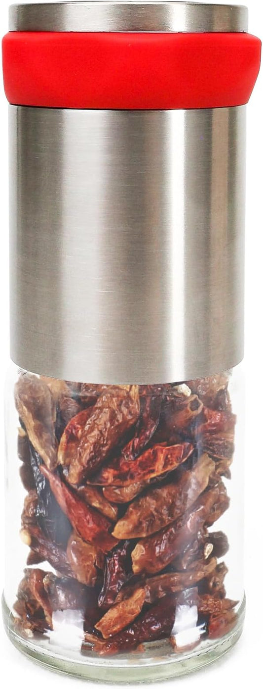 Chili Pepper Mill Grinder, Manual Spice Grinding Mills with Handle for Hot Cumin, Sea Salt or Pepper, Professional Chef Refillable Glass Body, Small 3Oz Capacity, Stainless Steel Blades
