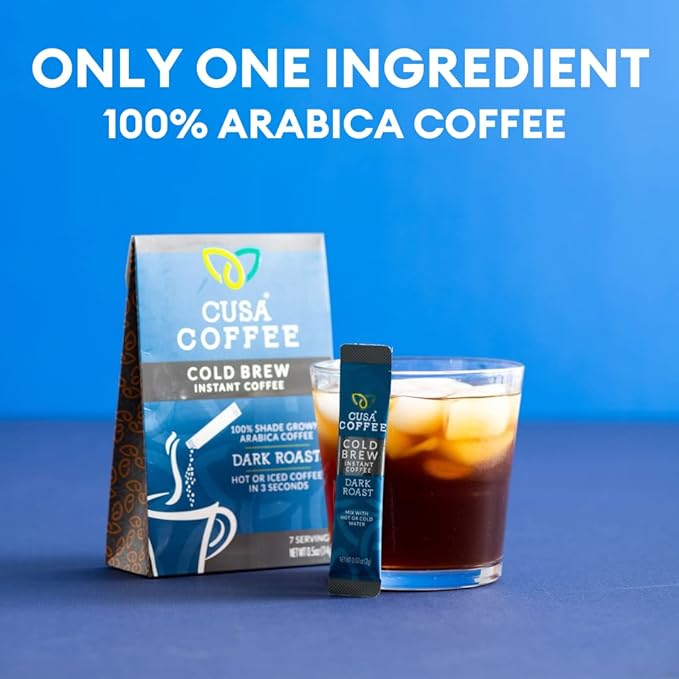 Cusa Tea & Coffee | Premium Instant Dark Roast | Rainforest Alliance Certified Arabica Beans | Hot or Cold Brew Drink Mix Packets (30 Single Servings)