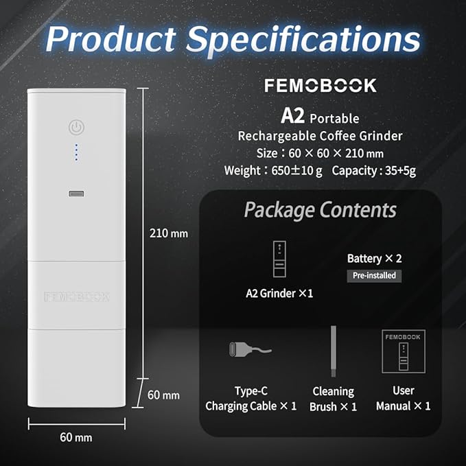 Femobook-A2 Portable Electric Coffee Grinder, Cordless Burr Grinder USB Rechargeable Coffee Grinder Magnetic Grounds Cup for Espresso Pour Over Travel & Home Brewing, White