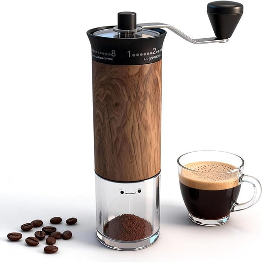 LAMIDO Mini Manual Coffee Grinder - 56 External Grind Settings, Stainless Steel Body & Crank, Ceramic Burr, Portable Hand Grinder for Travel, Camping, Home Brewing - Wood Grain
