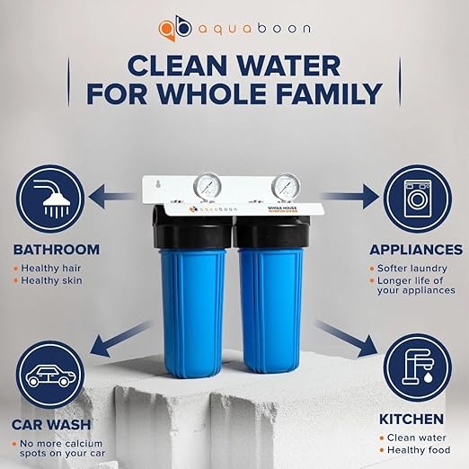 Aquaboon 2-Stage Whole House Water Filtration System with 5 Micron 10x4.5 Reducing Sediment and KDF Heavy Metals Water Filter Purification Cartrige, Pressure Gauges, Wrench, Bracket