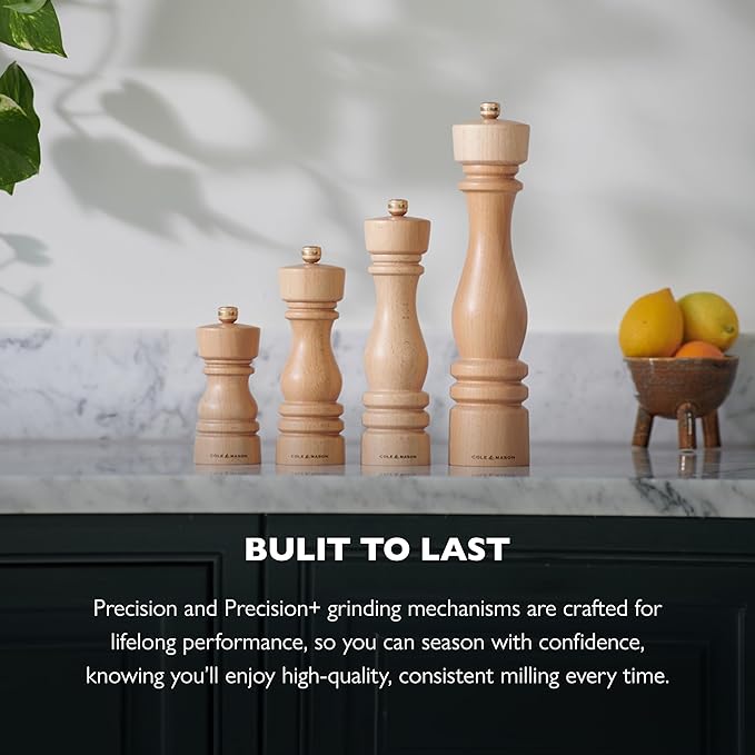 Cole & Mason London Refillable Spice Mill - Kitchen & Home Accessory - Salt & Pepper Grinder Set - Salt Mill with Ceramic Mechanism - Pepper Mill with Carbon Steel Mechanism - 8", Natural Beech