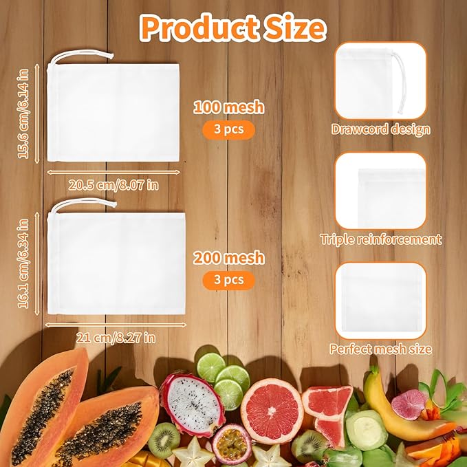 6 Pcs Nut Milk Bag Reusable, Dual Mesh Sizes (100 & 200) Nylon Strainer Bags for Almond Milk, Cold Brew Coffee, Juice, Tofu - 5.9x7.87 Inch Cheese Cloth Bags for Kitchen Straining