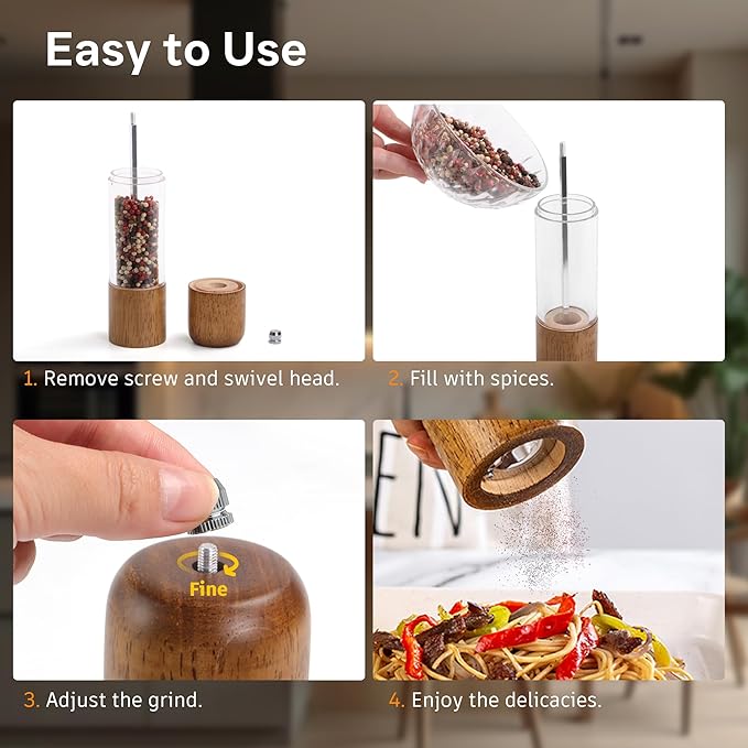 Wood Salt and Pepper Grinder, Salt Grinder and Pepper Mill, Oak Wood Shakers with Adjustable Ceramic Grinders - 8 inches, 1 Pack