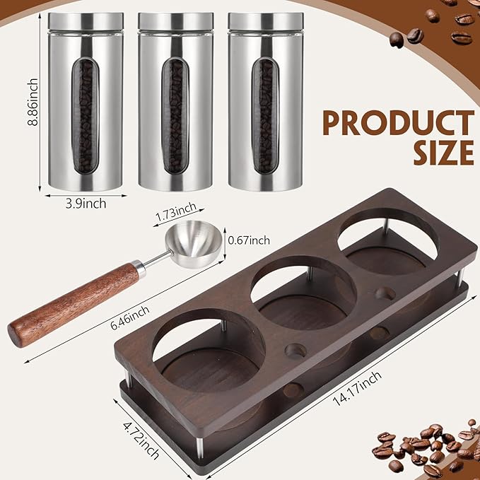 Suclain Stainless Steel Coffee Grounds Canisters with Shelf 3 x 50oz Sugar Coffee Bean Storage Container with Airtight Threaded Lid, Glass Window, Scoop Kitchen Storage Jar Set for Bar Creamer Nut Tea