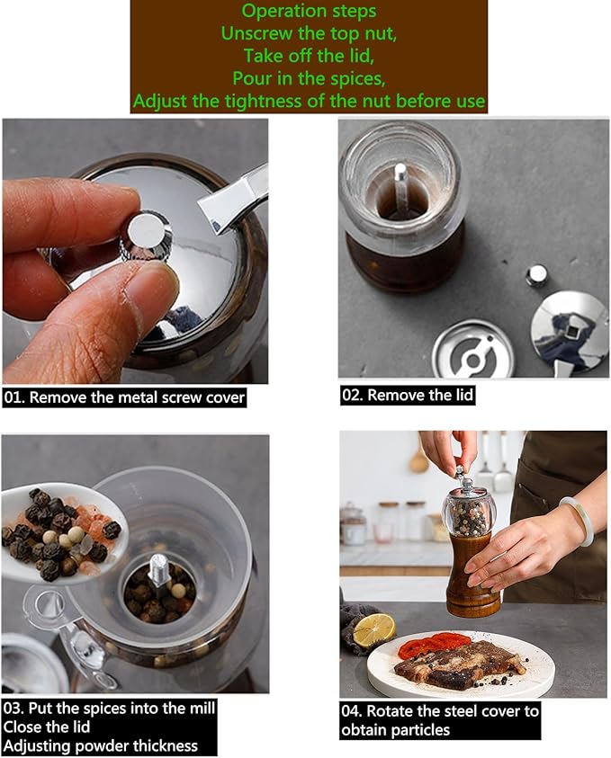 Salt and Pepper Grinder Set Manual Pepper Mill Acrylic Hand Crank Salt & Peppercorn Grinder Rustic Wooden Pepper Shaker with Adjustable Coarseness Ceramic Core (Walnut 1pcs-5in)