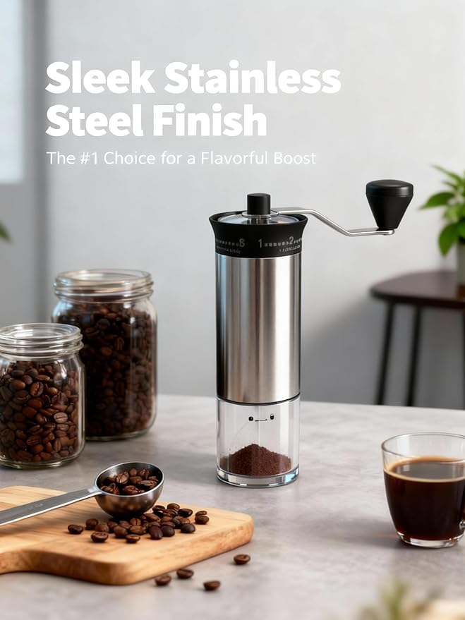 LAMIDO Mini Manual Coffee Grinder - 56 External Grind Settings, Stainless Steel Body & Crank, Ceramic Burr, Portable Hand Grinder for Travel, Camping, Home Brewing - Stainless Steel
