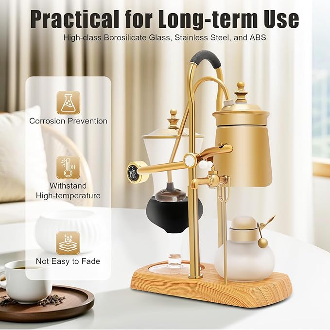 Vintage Siphon/Syphon Coffee Maker, Belgian Luxury Coffee Brewer Pot 500ML Capacity Vacuum Coffee Maker for 4-5 Cups (Golden)