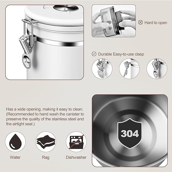 ShanSon Coffee Canister Airtight Coffee Container Stainless Steel Coffee Bean Storage Container with Scoop Coffee Canister for Beans Grounds Sugar Flour Tea Cereal,11OZ, White